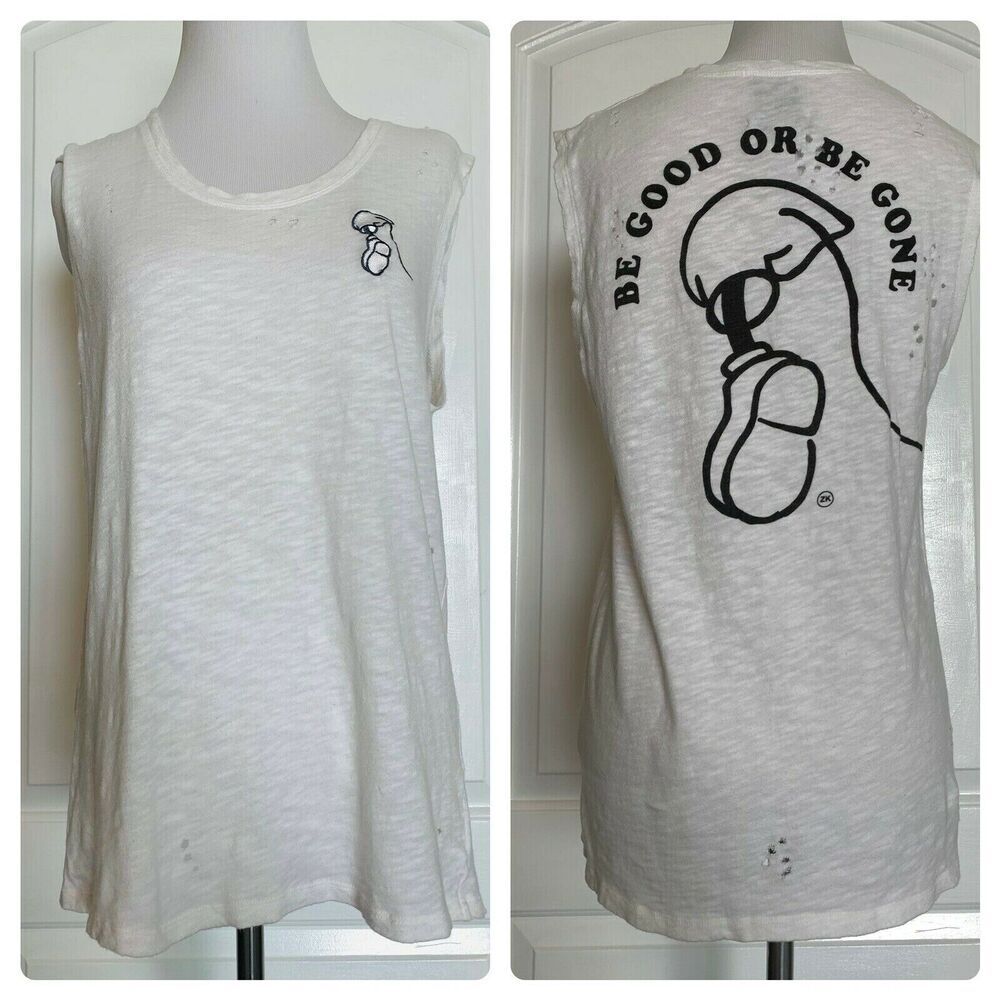 $95 ZOE KARSSEN White Sleeveless Distressed Top BE GOOD OR BE GONE Designer S